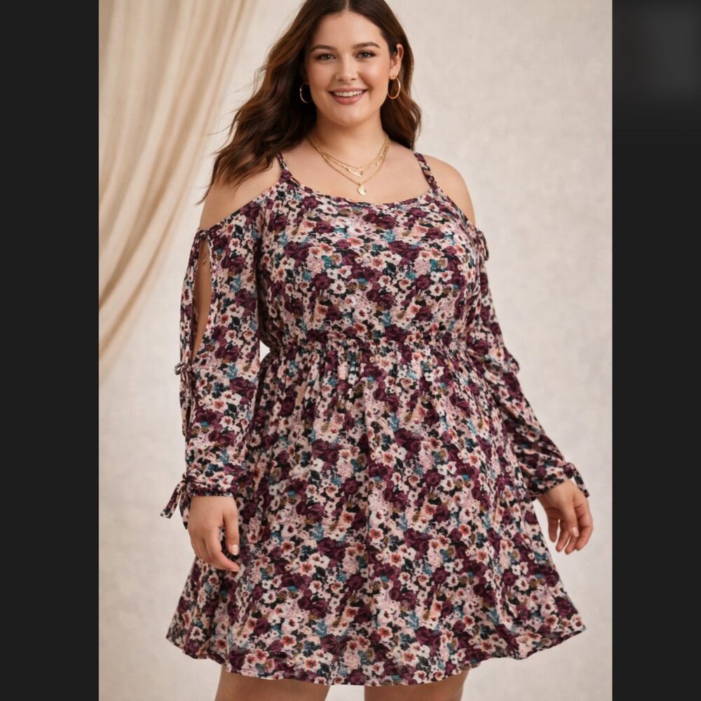 Torrid 2X Pink Floral Gauze Skater Dress Cold Shoulder Tie Sleeve Cottage NWT